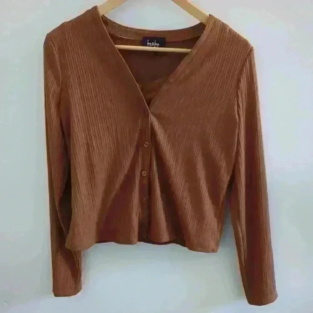 BY & BY | Women's Brown Cognac Two Piece Long Sleeve Button Down V-Neck…